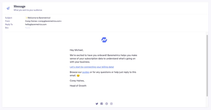 baremetrics welcome email